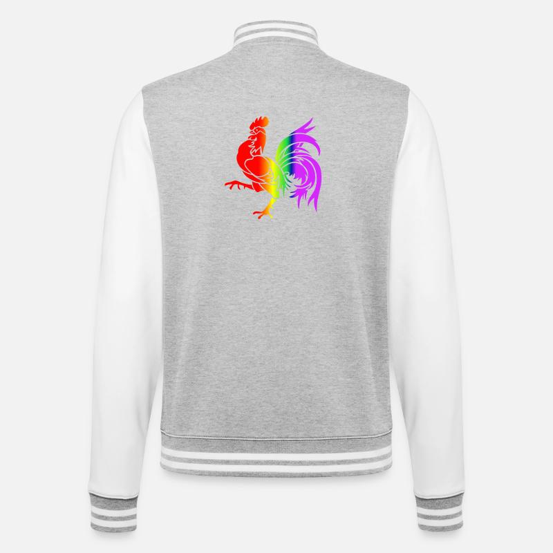 Bunter Regenbogenhahn - College-Sweatjacke - Grau meliert/Weiß