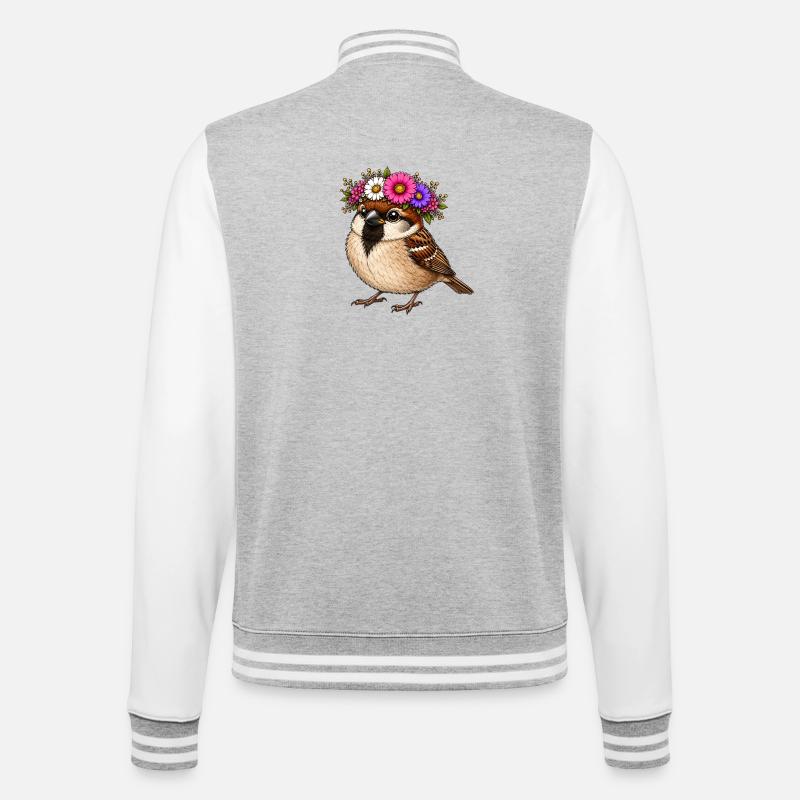Vogel mit Blumenschmuck  - College-Sweatjacke - Grau meliert/Weiß