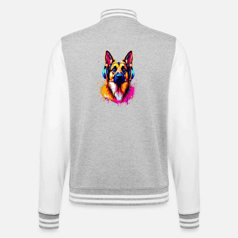 Deutscher Schäferhund mit Kopfhörer - College-Sweatjacke - Grau meliert/Weiß
