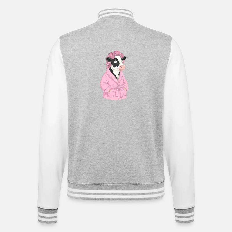 Kuh im rosa Bademantel mit Locken - College-Sweatjacke - Grau meliert/Weiß