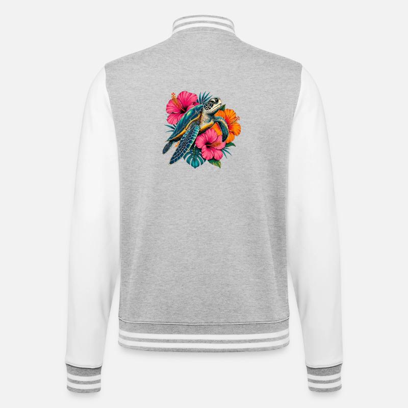 Turtle in tropical blossom design - College Sweat Jacket - heather grey/white