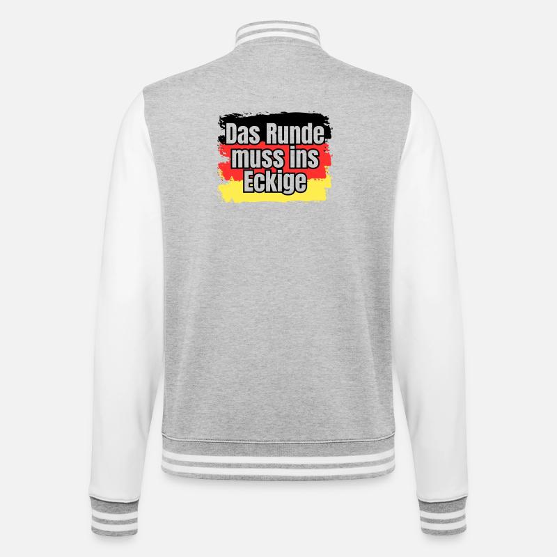 Das Runde muss ins Eckige - Spruch - College-Sweatjacke - Grau meliert/Weiß