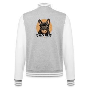 Premier snack Bouledogue français Chien drôle - Veste Teddy - gris chiné / blanc - Dos - Marisol (170cm)