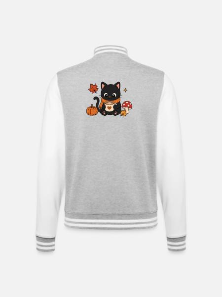 Gemütliche Schwarze Katze Kaffee Herbst Kürbis - College-Sweatjacke - Grau meliert/Weiß