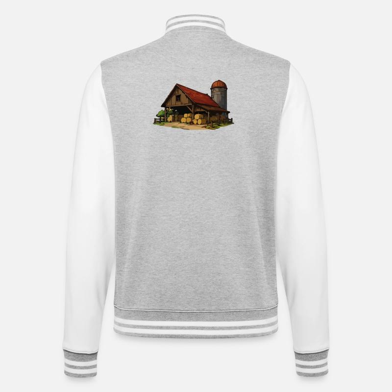 Rustikale Scheune mit Heuballen - College-Sweatjacke - Grau meliert/Weiß