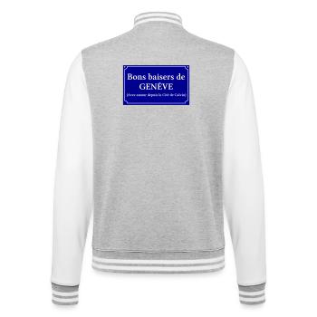 Genfer Strassenschild – Schweizerisches Gedenken - College-Sweatjacke - Grau meliert/Weiß - Hinten - Marisol (170cm)