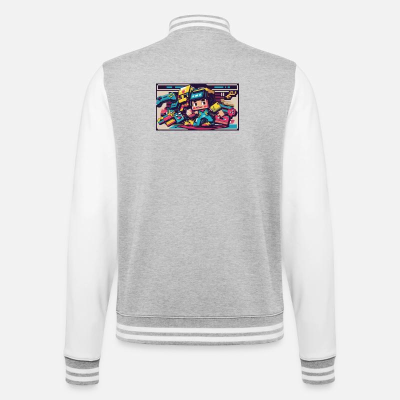 Voxel Gaming Held mit Retro-Design - College-Sweatjacke - Grau meliert/Weiß