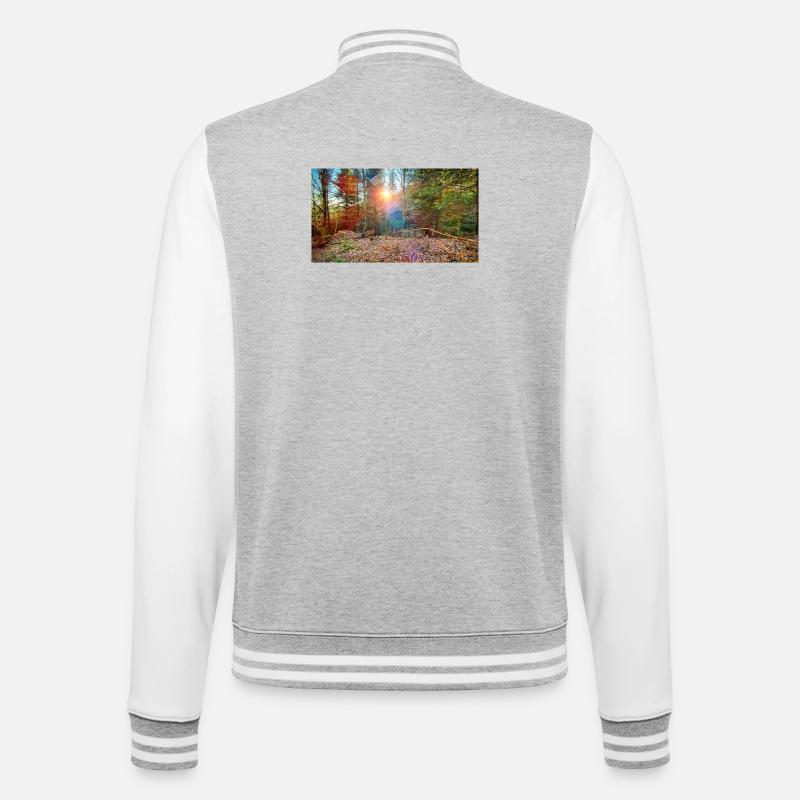 Sonnenlicht im Herbstwald - College-Sweatjacke - Grau meliert/Weiß