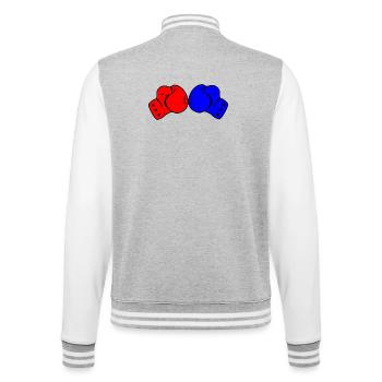 Deux gants de boxe rouge et bleu - Veste Teddy - gris chiné / blanc - Dos - Marisol (170cm)