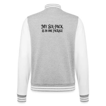 Mein Sixpack ist in einem Paket – lustiger Fitnessfehler - College-Sweatjacke - Grau meliert/Weiß - Hinten - Marisol (170cm)