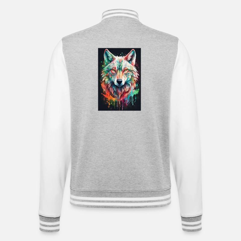 Bunter Wolfkopf Farbexplosion - College-Sweatjacke - Grau meliert/Weiß