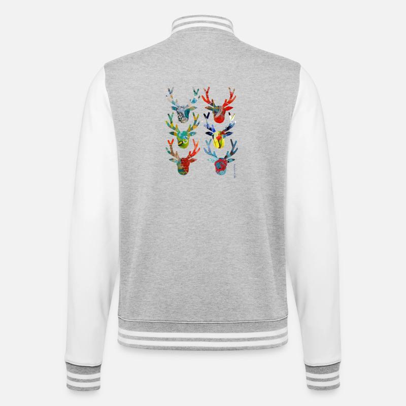 Abstrakte farbige Hirschköpfe - College-Sweatjacke - Grau meliert/Weiß