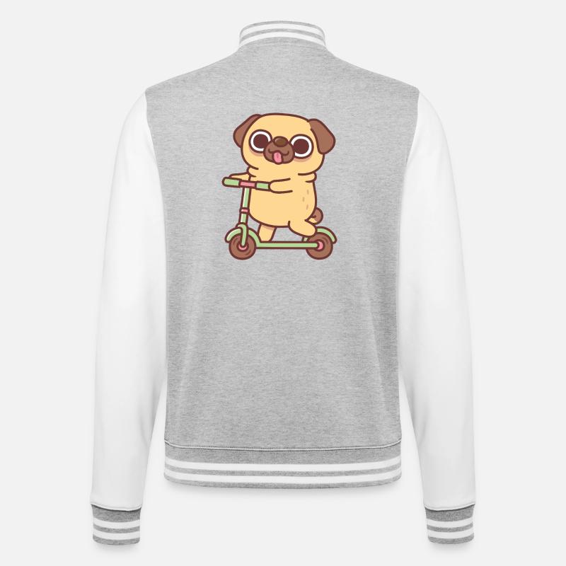 Süßer Mops spielt auf Tretroller - College-Sweatjacke - Grau meliert/Weiß