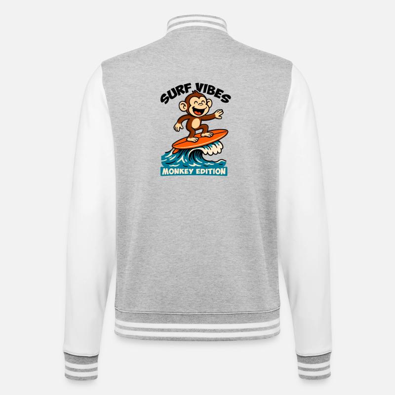 Surf Vibes, Monkey Edition. Glücklicher Surfaffe - College-Sweatjacke - Grau meliert/Weiß