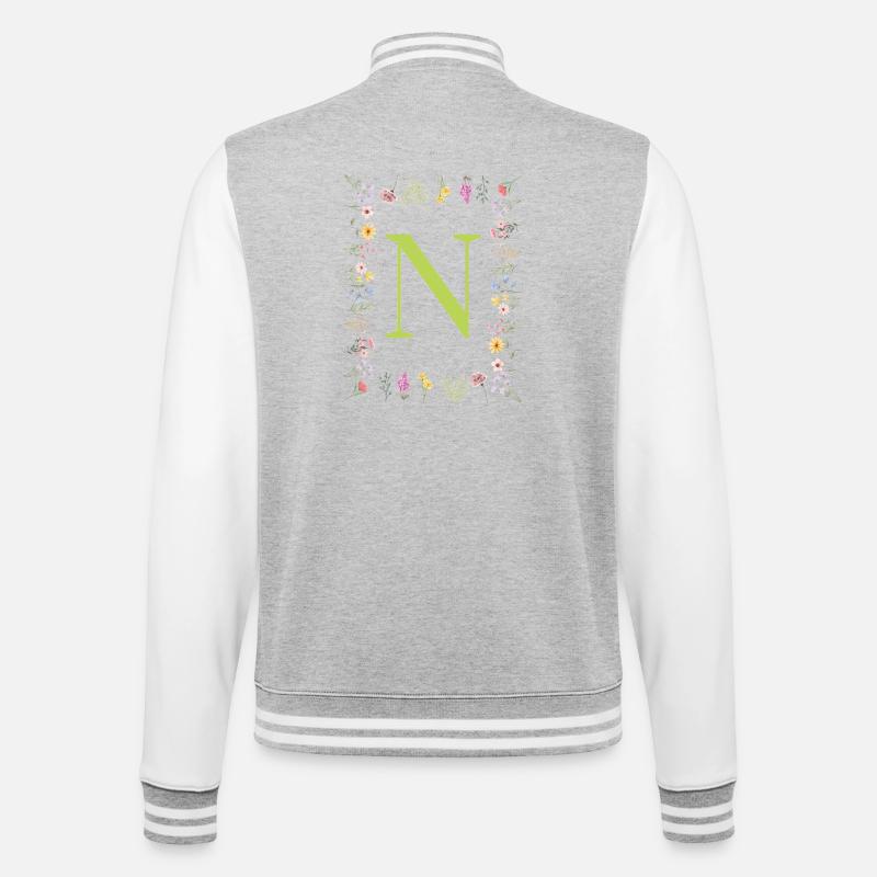 Florale Initialen " N ", Buchstaben Monogramm  - College-Sweatjacke - Grau meliert/Weiß