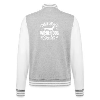 Dackel: Beruflicher Wursthund - College-Sweatjacke - Grau meliert/Weiß - Hinten - Marisol (170cm)