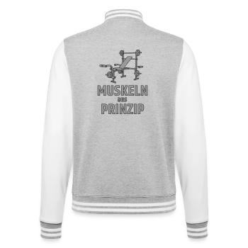 Muskeln aus Prinzip - Hantelbank - College-Sweatjacke - Grau meliert/Weiß - Hinten - Marisol (170cm)