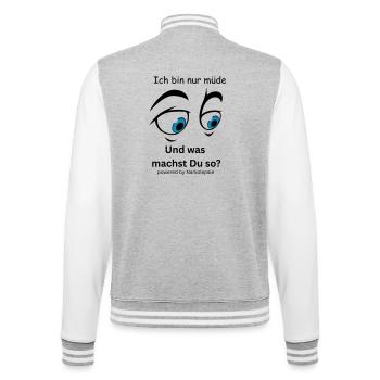 Minimalistisches Gesicht in Blau und Schwarz  - College-Sweatjacke - Grau meliert/Weiß - Hinten - Marisol (170cm)