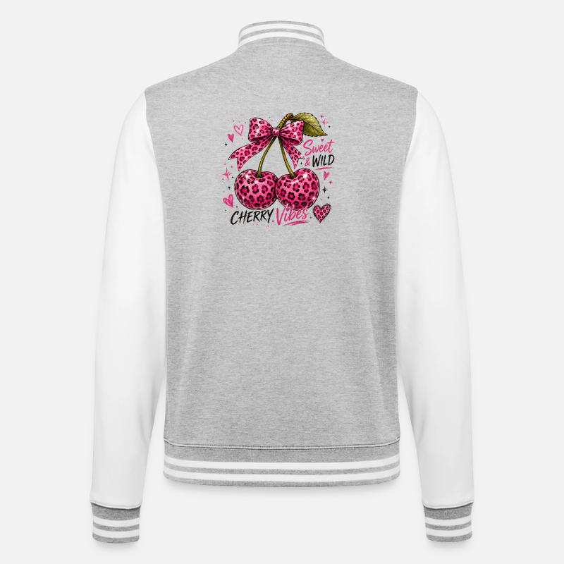 Douces ambiances cerises, cerises léopard, - Veste Teddy - gris chiné / blanc