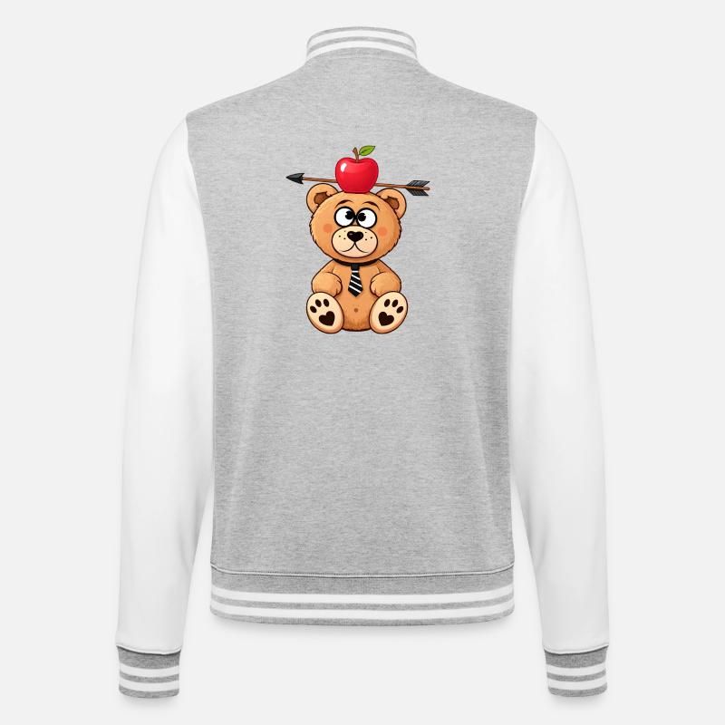 Witziger Bär mit Apfel und Pfeil - College-Sweatjacke - Grau meliert/Weiß