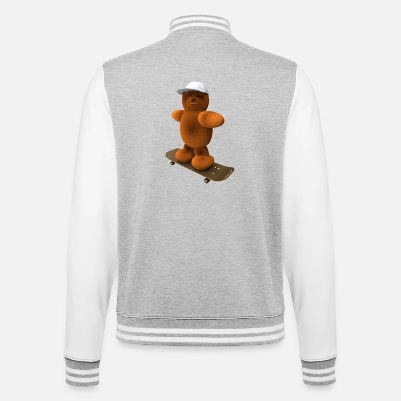 Bär auf Skateboard mit Basecap - College-Sweatjacke - Grau meliert/Weiß