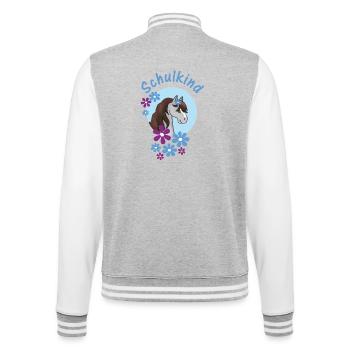 Schulkind - Pony Blumen blau - personalisierbar - College-Sweatjacke - Grau meliert/Weiß - Hinten - Marisol (170cm)