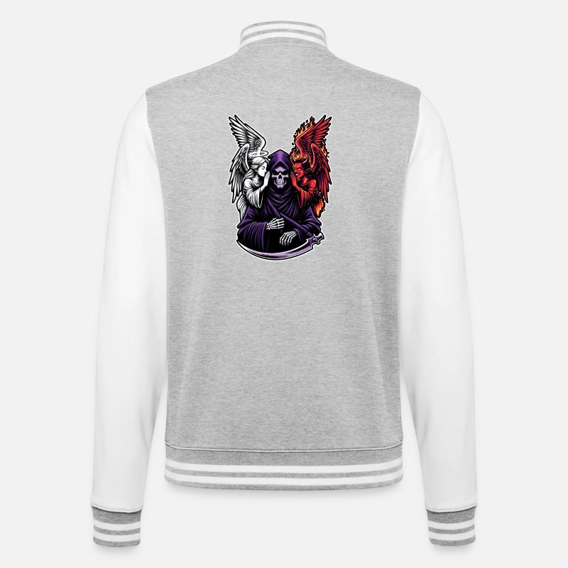Sensenmann mit Engel und Dämon - College-Sweatjacke - Grau meliert/Weiß