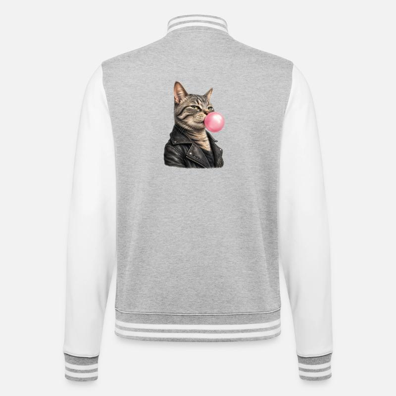 Coole Katze mit Lederjacke - College-Sweatjacke - Grau meliert/Weiß