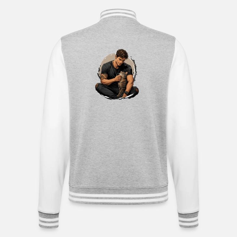 Mann mit Katze: stille Nähe - College-Sweatjacke - Grau meliert/Weiß