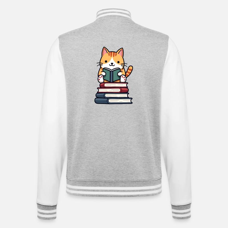 Katze liest ein Buch - College-Sweatjacke - Grau meliert/Weiß
