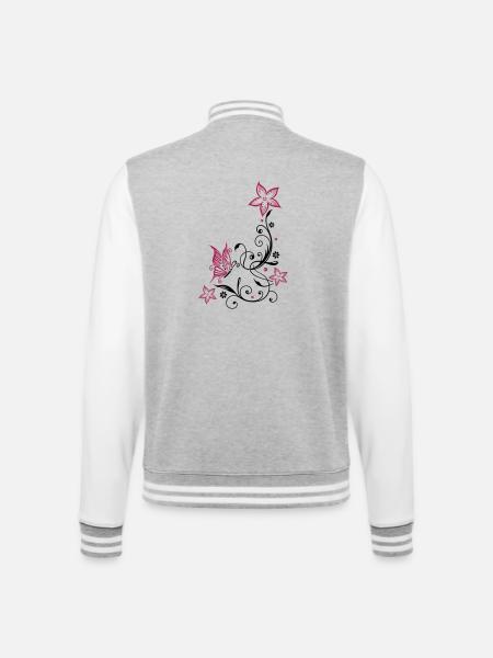 Florale Ranke mit Blüten und Schmetterling - College-Sweatjacke - Grau meliert/Weiß