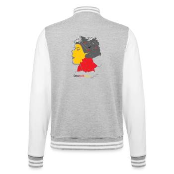 Landkarte mit stylischer Frau und Nationalfarben - College-Sweatjacke - Grau meliert/Weiß - Hinten - Marisol (170cm)