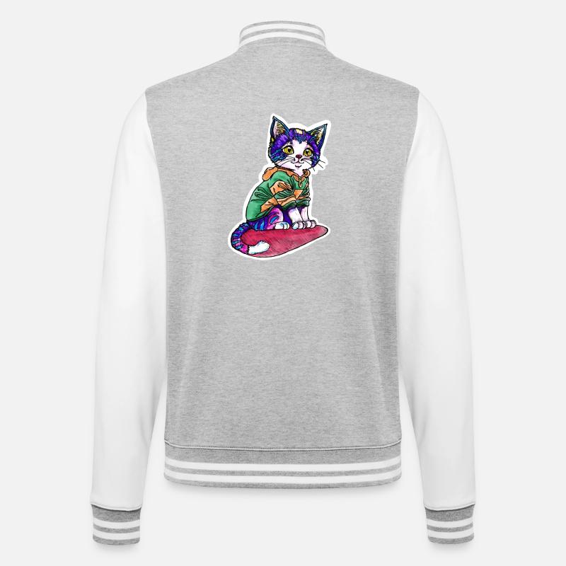 Katze im grünen Pulli - College-Sweatjacke - Grau meliert/Weiß