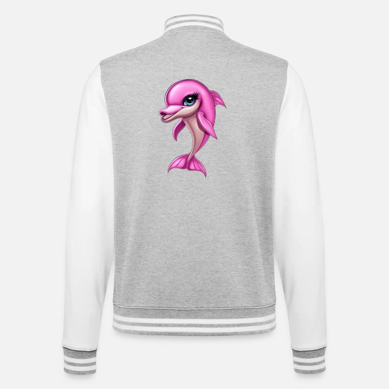 pink rosa Delfin :) - College-Sweatjacke - Grau meliert/Weiß