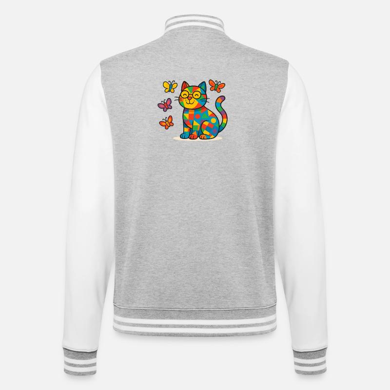 Chat patchwork et papillons - Veste Teddy - gris chiné / blanc