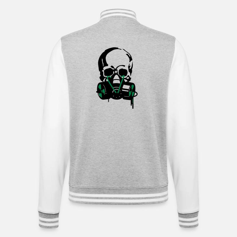 Schädel in Gasmaske  - College-Sweatjacke - Grau meliert/Weiß