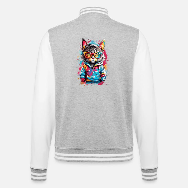 Coole Katze - College-Sweatjacke - Grau meliert/Weiß