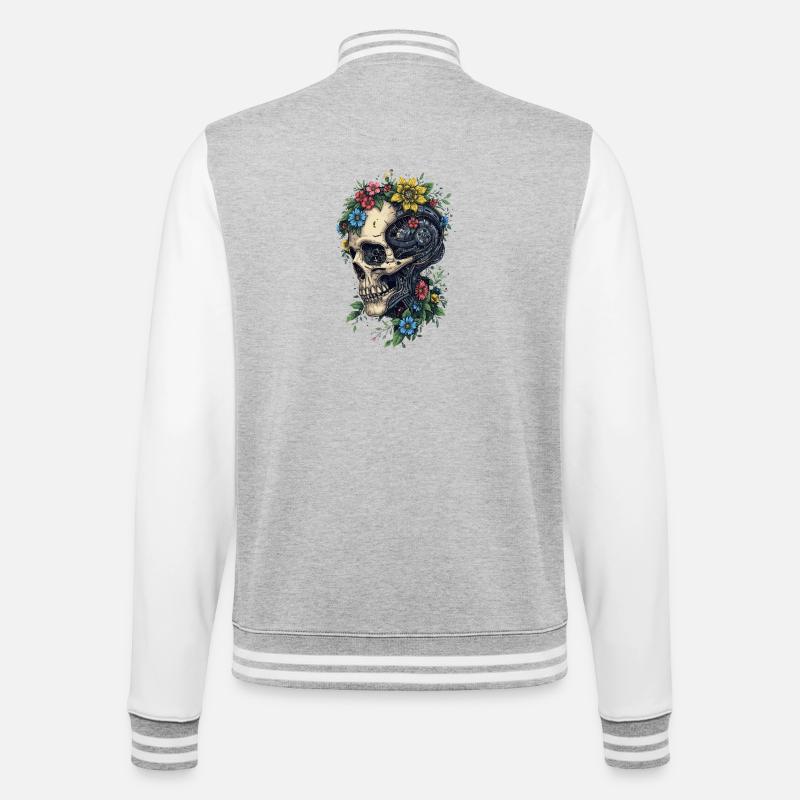 Floral skull and steampunk machine - College Sweat Jacket - heather grey/white
