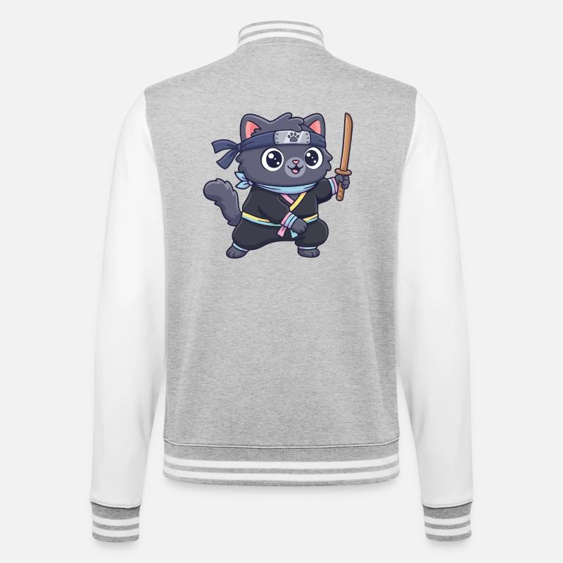 Ninja-Katze im Samurai-Outfit - College-Sweatjacke - Grau meliert/Weiß