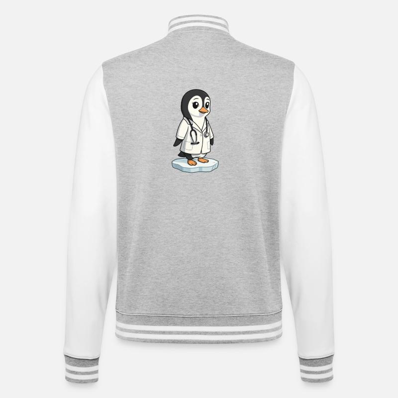 Pflege-Pinguin im Arztkittel - College-Sweatjacke - Grau meliert/Weiß