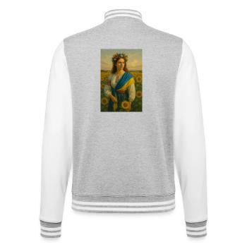 Volkstümlich inspiriertes Sommerblumen-Porträt - College-Sweatjacke - Grau meliert/Weiß - Hinten - Marisol (170cm)