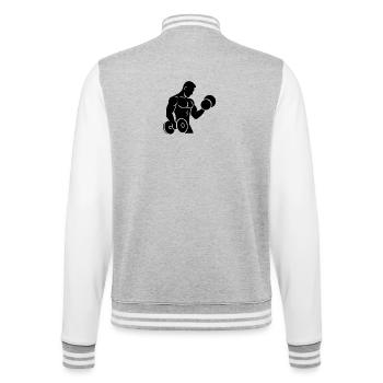 Muskelmann beim Krafttraining - College-Sweatjacke - Grau meliert/Weiß - Hinten - Marisol (170cm)