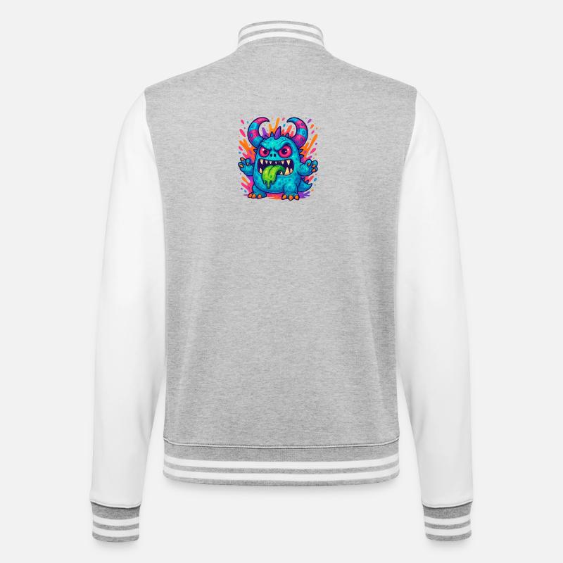 Bunter Grummel-Drache mit Zunge - College-Sweatjacke - Grau meliert/Weiß