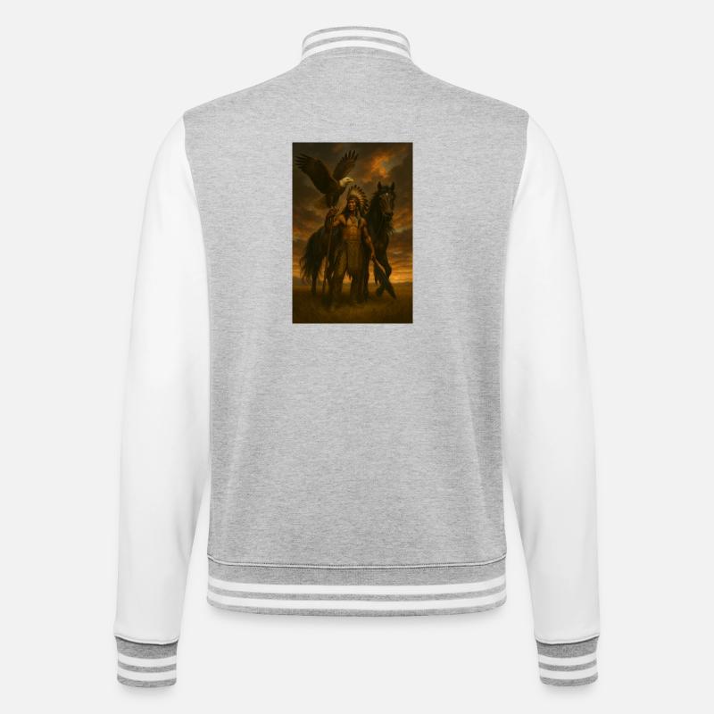 Indianerkrieger mit Adler und Pferd - College-Sweatjacke - Grau meliert/Weiß