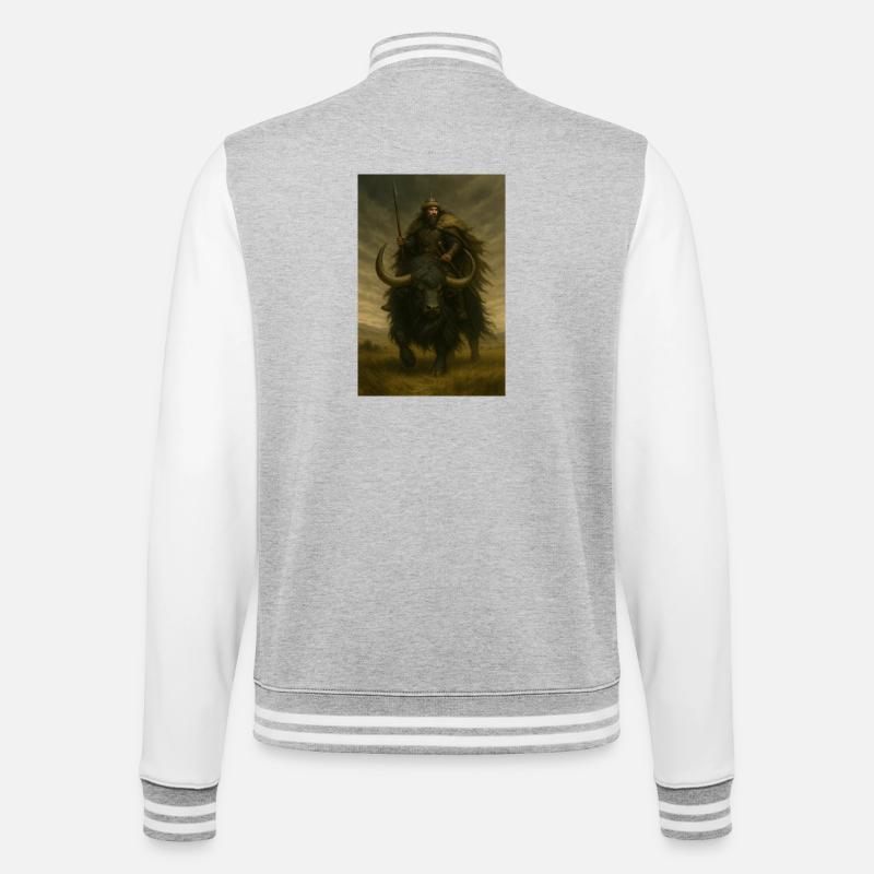 Uralter Krieger auf einem mächtigen schwarzen Yak - College-Sweatjacke - Grau meliert/Weiß