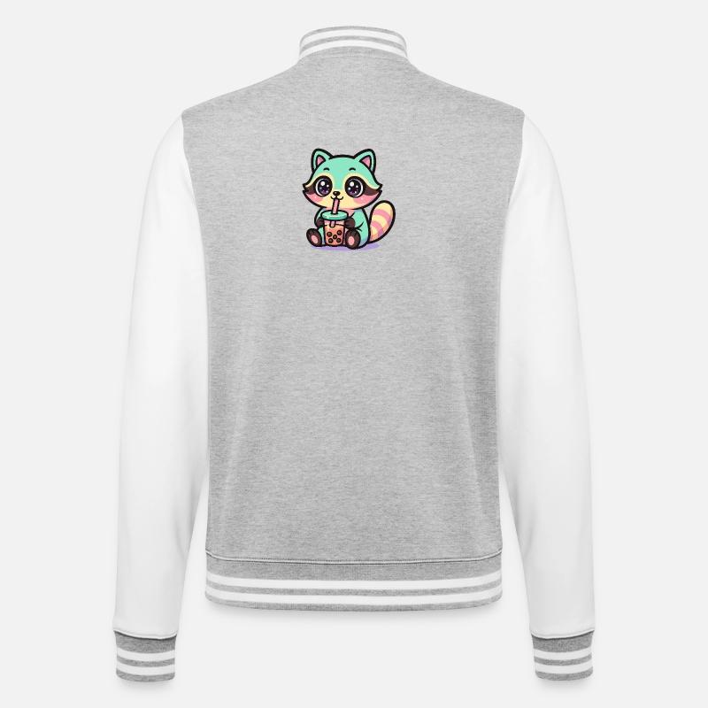 Kawaii Raccoon Drinking Boba Tea  - Veste Teddy - gris chiné / blanc