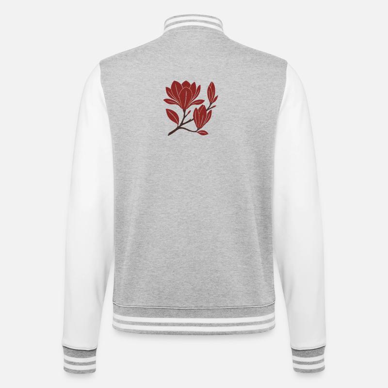 Red Magnolia Branch Pattern - College Sweat Jacket - heather grey/white