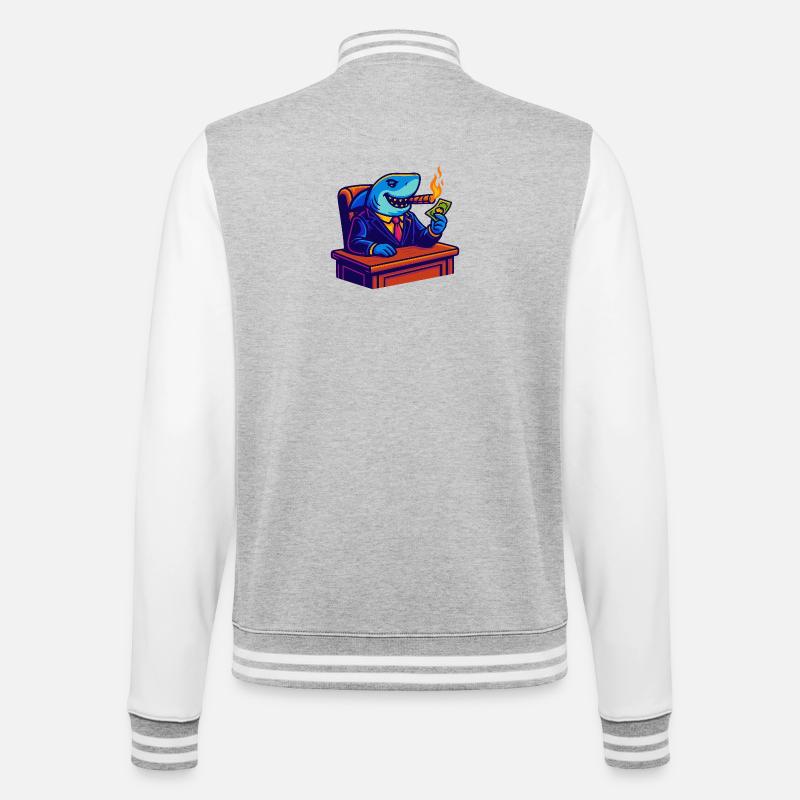 Büroshark mit Geld, Flamme und Zigarre - College-Sweatjacke - Grau meliert/Weiß