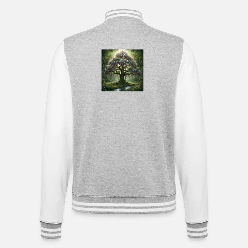Waldbaum mit Fliederblüten - College-Sweatjacke - Grau meliert/Weiß