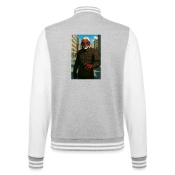 Purpurrote Maske in den Straßen der Stadt - College-Sweatjacke - Grau meliert/Weiß - Hinten - Marisol (170cm)